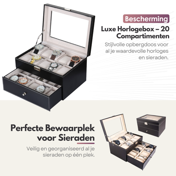 Sterla Luxe Horlogedoos voor 20 Horloges – Bescherm en Bewaar in Stijl Horlogebox - Zwart