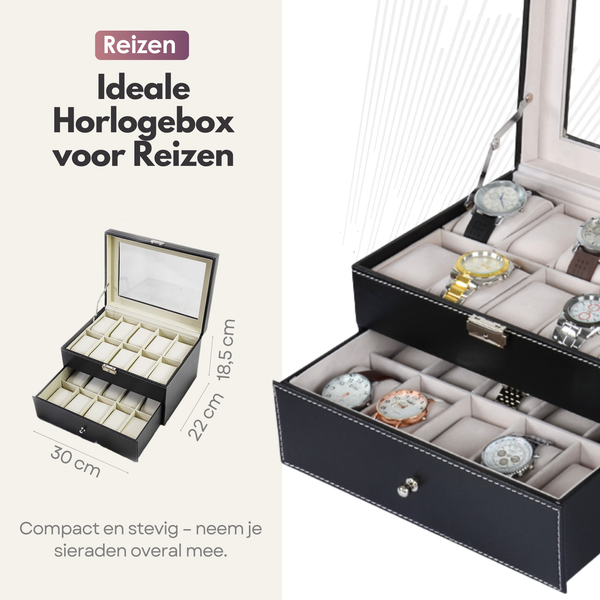 Sterla Luxe Horlogedoos voor 20 Horloges – Bescherm en Bewaar in Stijl Horlogebox - Zwart
