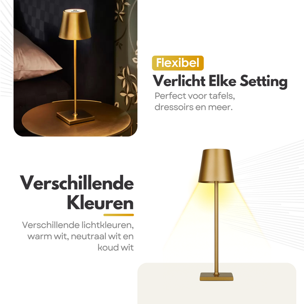 Oplaadbare Tafellamp met 3 Kleuren Dimbare LED's - 38cm Tafel Touch Lamp - 5200mAh Batterij - Goud