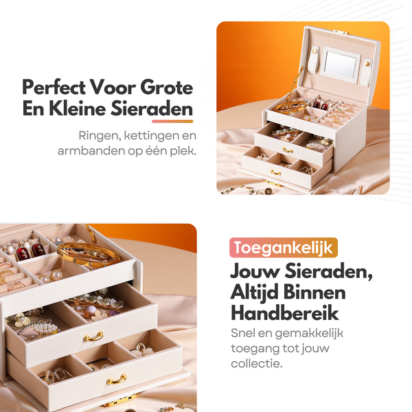 Luxe Sieradendoos met Slot – 14 Compartimenten - Opbergsysteem met Spiegel en Slot voor Jouw Sieraden - Wit