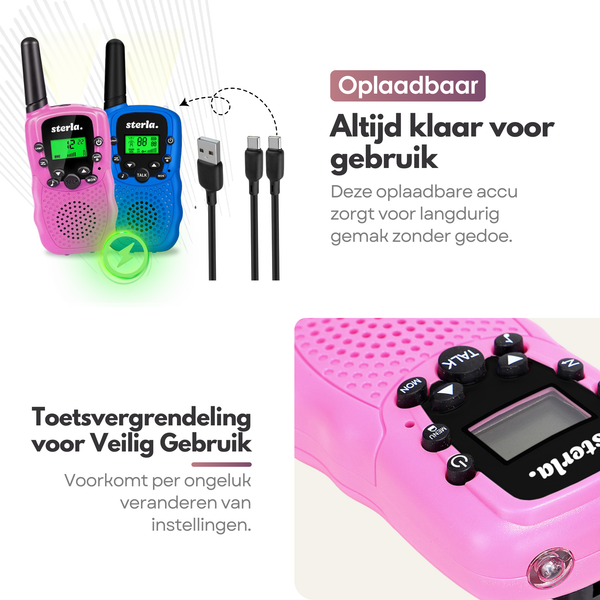 Walkie Talkie Set voor Kinderen - Oplaadbaar USB-C - Bereik tot 5 km - Zaklamp - Valbestendig - Compact en Lichtgewicht - Blauw & Roze