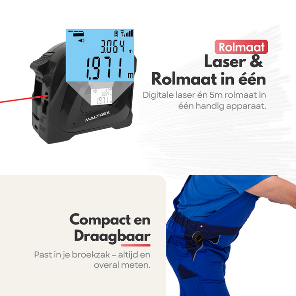 Maltrex Oplaadbare Laser Digitale Afstandsmeter & Rolmaat 40 meter + 5 Meter – Nauwkeurige Metingen