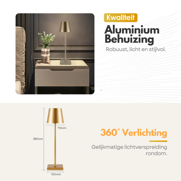 Oplaadbare Tafellamp met 3 Kleuren Dimbare LED's - 38cm Tafel Touch Lamp - 5200mAh Batterij - Goud