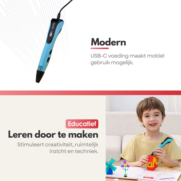 Premium 3D Pen Starterset USB-C – 3D Tekenpen met Filament – LCD Display – Kindvriendelijk – Blauw