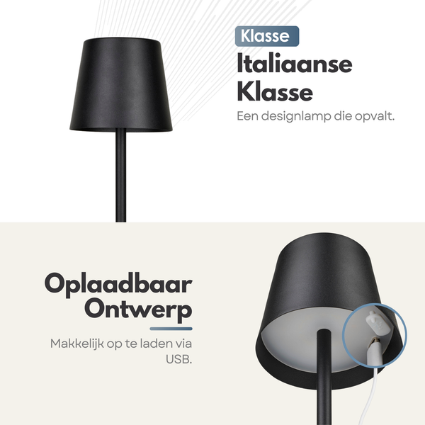 Oplaadbare Tafellamp met 3 Kleuren Dimbare LED's - 38cm Tafel Touch Lamp - 5200mAh Batterij - Zwart