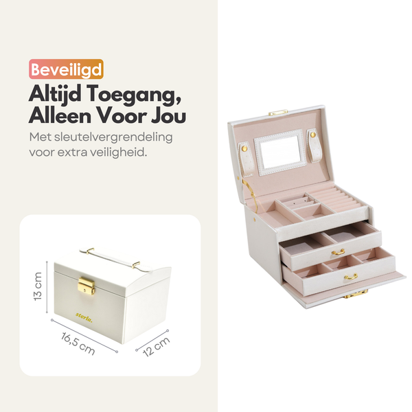 Luxe Sieradendoos met Slot – 14 Compartimenten - Opbergsysteem met Spiegel en Slot voor Jouw Sieraden - Wit