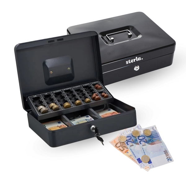 Sterla Geldkist – Met Sleutel en Muntsorteerder – Geldkistje Metaal 30 x 24 x 9 cm – Robuuste Geldlade met Biljetten- en Muntenbak – Zwart