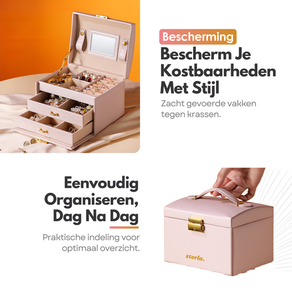 Luxe Sieradendoos met Slot – 14 Compartimenten - Opbergsysteem met Spiegel en Slot voor Jouw Sieraden - Roze