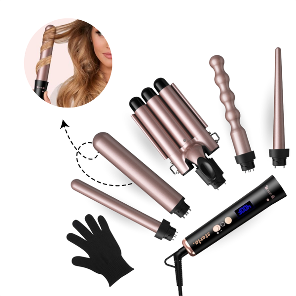 Premium 5-in-1 Krul & Wafeltang - Voor Prachtige Beach Waves, Grove Krullen en Gladde Stijl - Krultang Inclusief 5 Opzetstukken