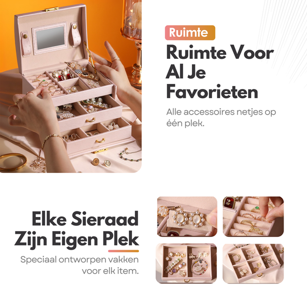 Luxe Sieradendoos met Slot – 14 Compartimenten - Opbergsysteem met Spiegel en Slot voor Jouw Sieraden - Roze