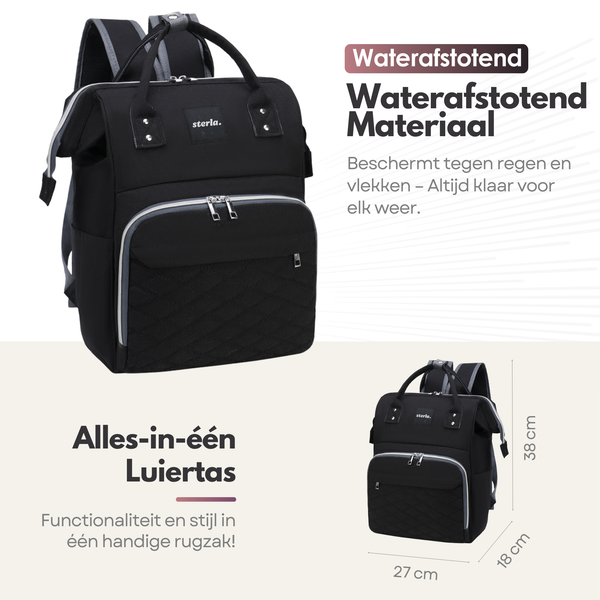 Sterla Luiertas Rugzak met USB-Aansluiting – Ruime Mama Tas met Geïsoleerde Vakken - Inclusief Kinderwagen Haken en Waterafstotend Materiaal – Zwart