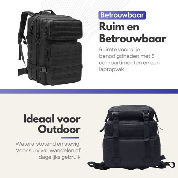 Tactical Military Backpack 45L - Water-Repellent Backpack with Laptop Compartment for Outdoor and Adventure - Black