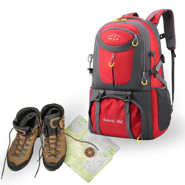 Sterla Premium Backpack 60L – Duurzame Reistas met Verstelbaar Rugsysteem, Regenhoes & Veiligheidsfluitje - Rood