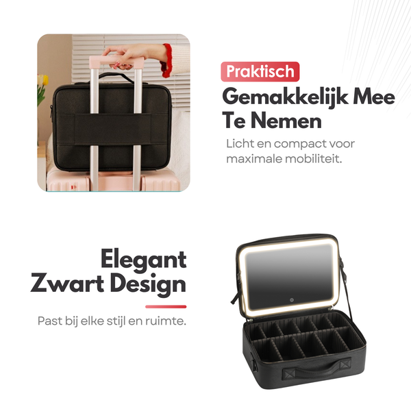 Luxury Beauty Case Bag with Mirror & LED Lighting – Perfect Makeup Case Organizer for Women - Size XL - Black