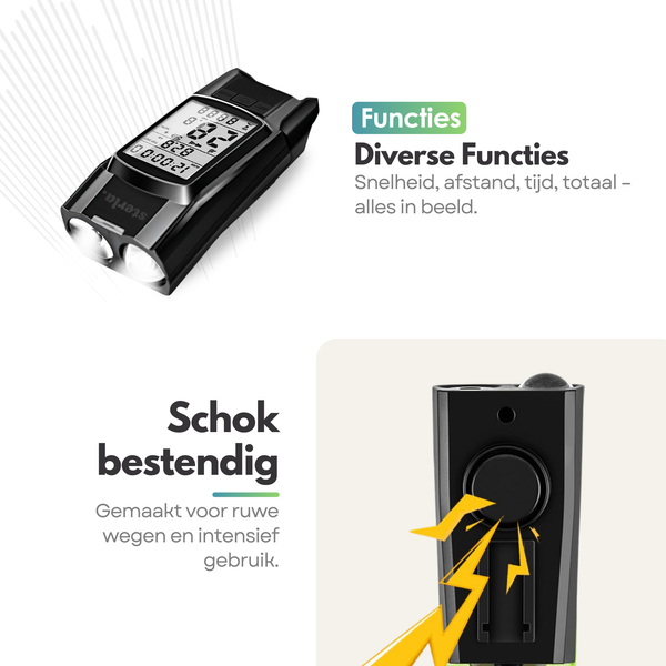Draadloze Fietscomputer met Fietslamp – Waterdichte Kilometerteller & LED Verlichting – LCD Display – Voor Racefiets & Stadsfiets
