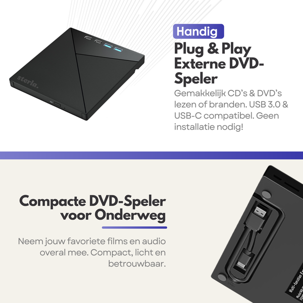 5in1 Externe CD DVD Speler en Brander – Compact, Plug & Play, USB-C & USB 3.0 – Geschikt voor Windows - Mac - Linux - Hoge Snelheid