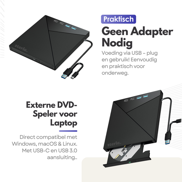 5in1 Externe CD DVD Speler en Brander – Compact, Plug & Play, USB-C & USB 3.0 – Geschikt voor Windows - Mac - Linux - Hoge Snelheid