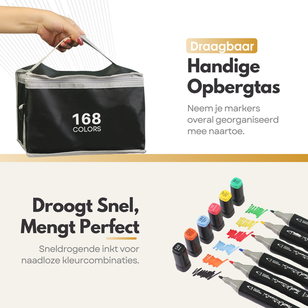 Sterla Premium Twinmarkers Markeerstiften – 168-delige Alcohol Markers Stiften met Drie Tips in Eén Marker en Inclusieve Opbergtas