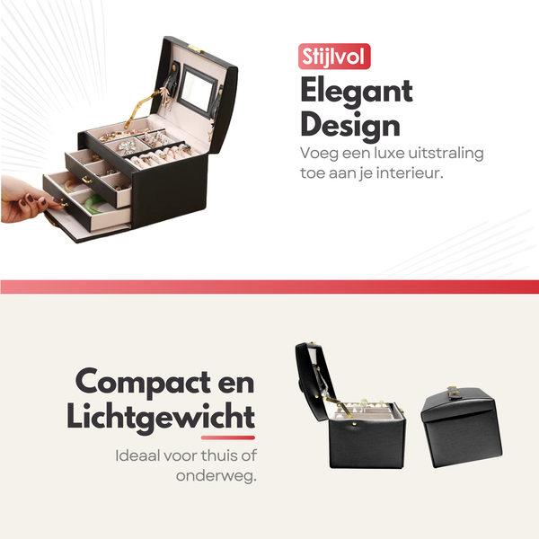 Luxe Sieradendoos met Slot – 14 Compartimenten - Opbergsysteem met Spiegel en Slot voor Jouw Sieraden - Zwart