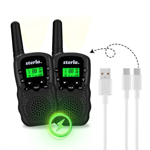 Walkie Talkie Set for Kids - Rechargeable USB-C - Range up to 5 km - Flashlight - Drop-resistant - Compact and Lightweight - Black