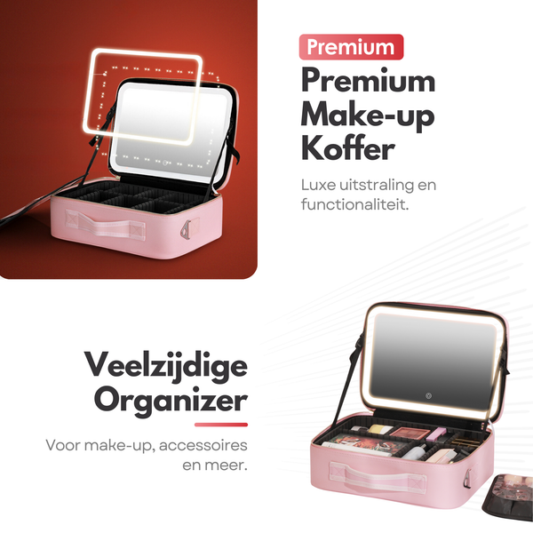 Luxury Beauty Case Bag with Mirror & LED Lighting – Perfect Makeup Case Organizer for Women - Size XL - Pink