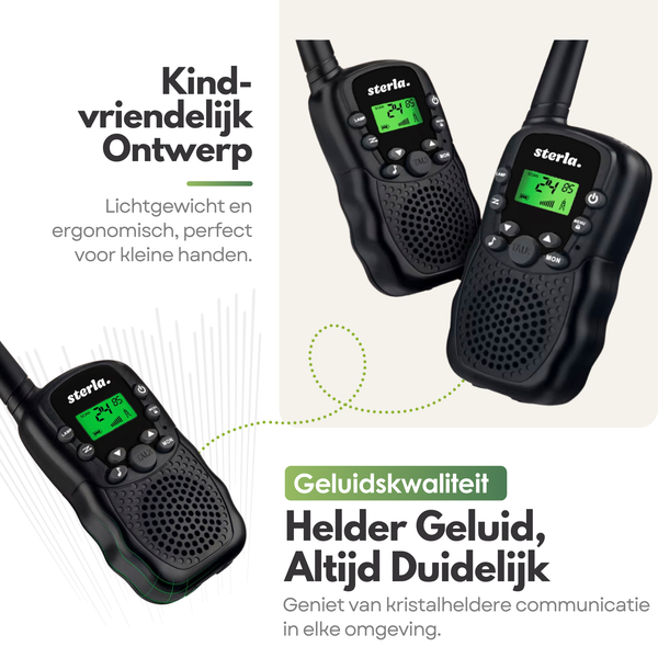 Walkie Talkie Set for Kids - Rechargeable USB-C - Range up to 5 km - Flashlight - Drop-resistant - Compact and Lightweight - Black
