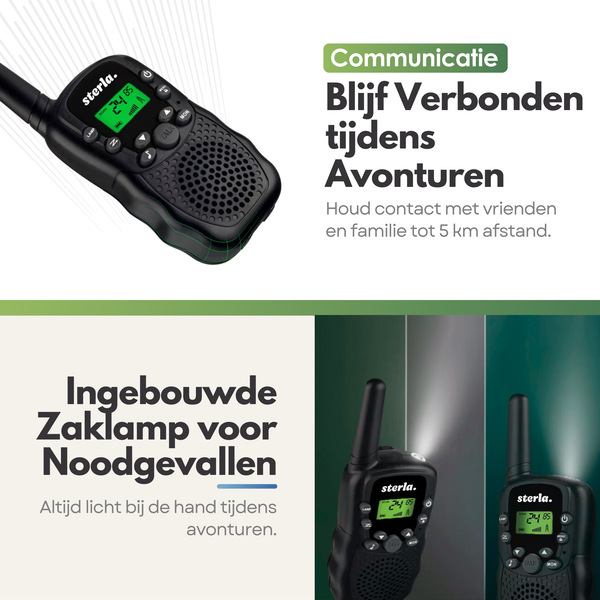Walkie Talkie Set for Kids - Rechargeable USB-C - Range up to 5 km - Flashlight - Drop-resistant - Compact and Lightweight - Black