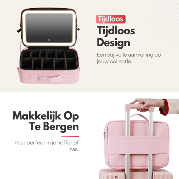 Luxury Beauty Case Bag with Mirror & LED Lighting – Perfect Makeup Case Organizer for Women - Size XL - Pink