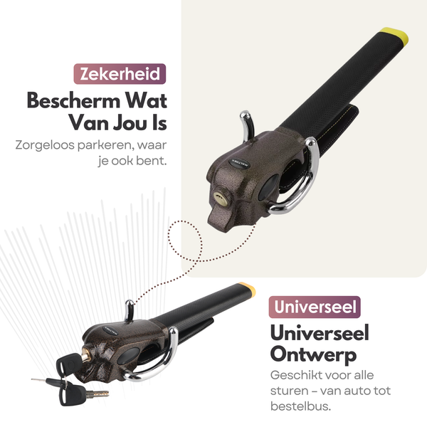 Universele Auto Stuurslot – Universeel Stoplock Antidiefstal – Sterk Stalen Stuurbeveiliging met 3 Sleutels & Opbergtas