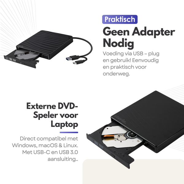 Externe CD DVD Speler en Brander – Compact, Plug & Play, USB-C & USB 3.0 – Geschikt voor Windows - Mac - Linux