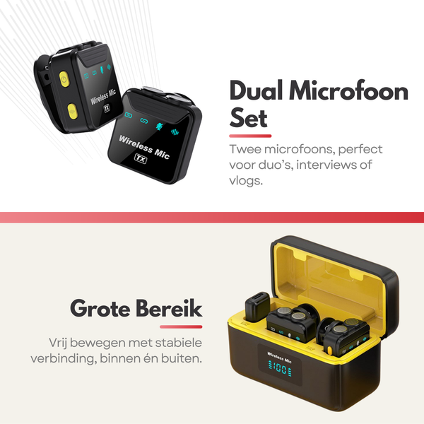 Draadloze Microfoonset – Professionele Draadloze Microfoons met Ruisonderdrukking – iPhone, Android & Camera