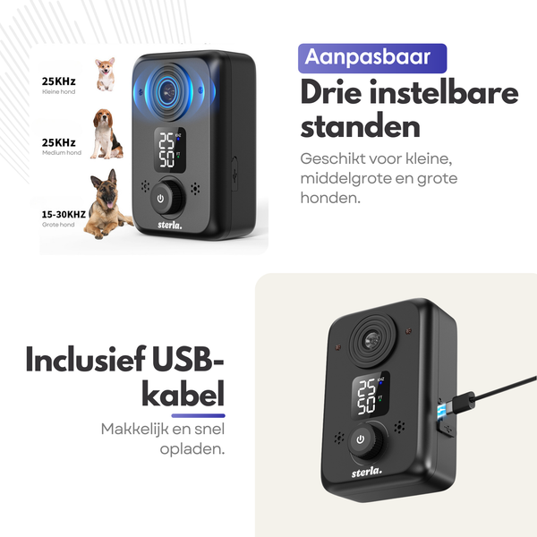 Ultrasonic Anti Bark Device - For Small & Large Dogs - Waterproof & Rechargeable - 3 Modes up to 15m Range - Safe & Pet Friendly