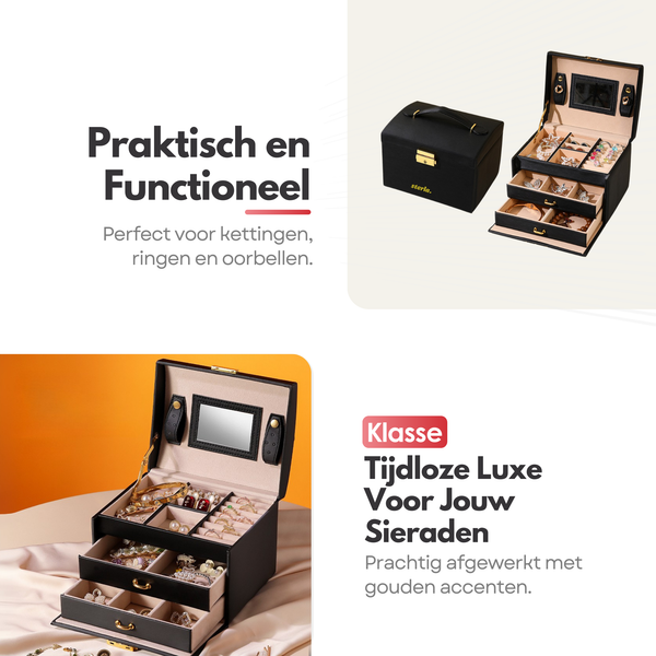 Luxe Sieradendoos met Slot – 14 Compartimenten - Opbergsysteem met Spiegel en Slot voor Jouw Sieraden - Zwart