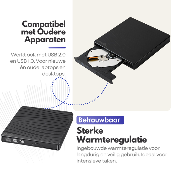 Externe CD DVD Speler en Brander – Compact, Plug & Play, USB-C & USB 3.0 – Geschikt voor Windows - Mac - Linux