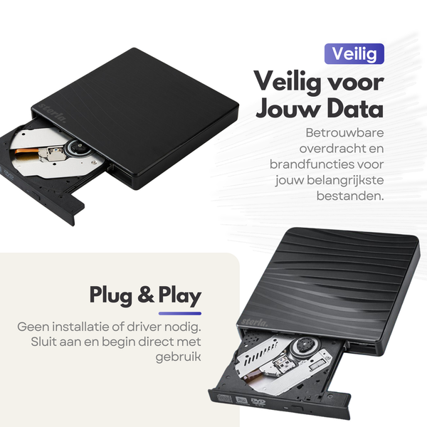 Externe CD DVD Speler en Brander – Compact, Plug & Play, USB-C & USB 3.0 – Geschikt voor Windows - Mac - Linux