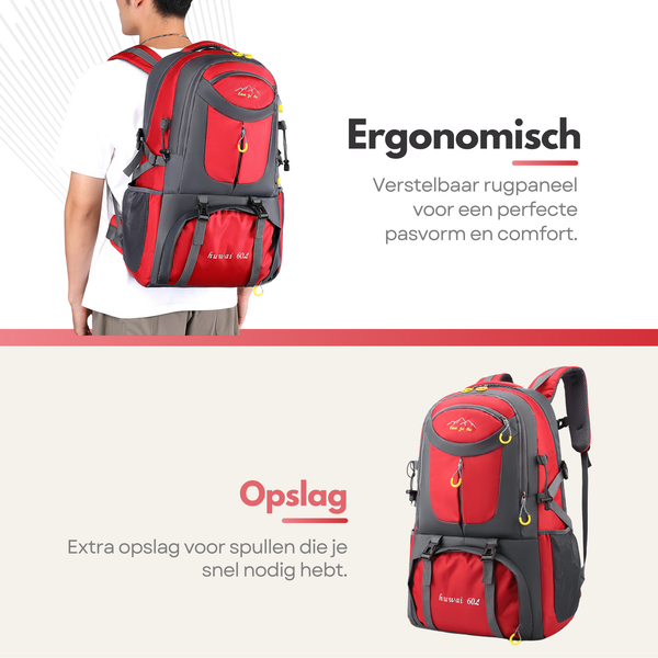 Sterla Premium Backpack 60L – Duurzame Reistas met Verstelbaar Rugsysteem, Regenhoes & Veiligheidsfluitje - Rood