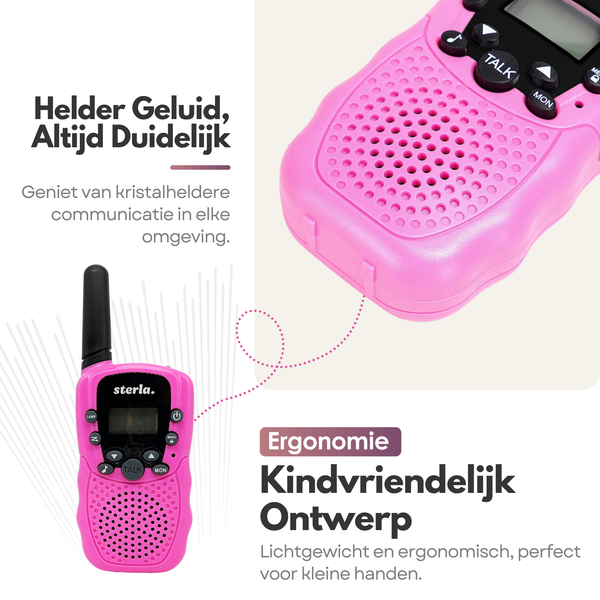 Walkie Talkie Set for Kids - Rechargeable USB-C - Range up to 5 km - Flashlight - Drop-resistant - Compact and Lightweight - Pink
