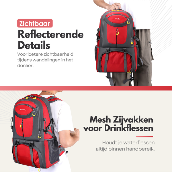 Sterla Premium Backpack 60L – Duurzame Reistas met Verstelbaar Rugsysteem, Regenhoes & Veiligheidsfluitje - Rood