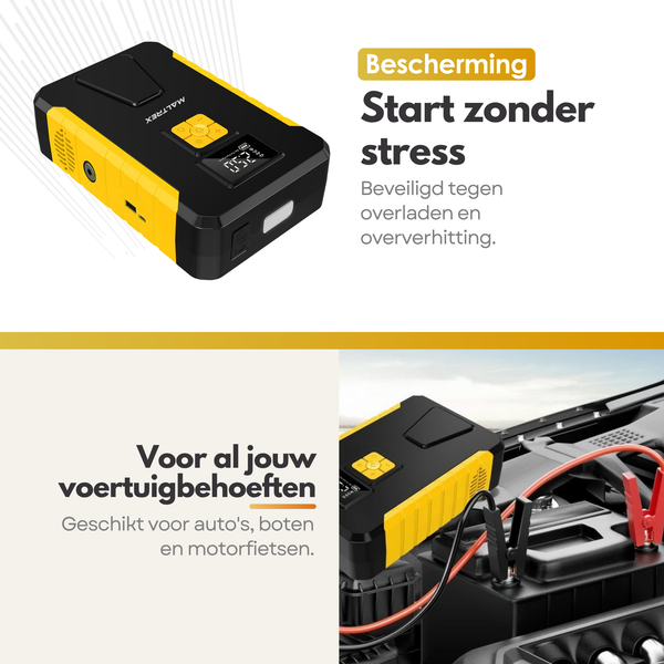 5in1 PREMIUM 12V Jumpstarter & Luchtpomp - Voor Auto, Motor of Boot - Jump Starter Starthulp met Powerbank, LED Zaklamp en SOS Noodlicht - In Opbergtas