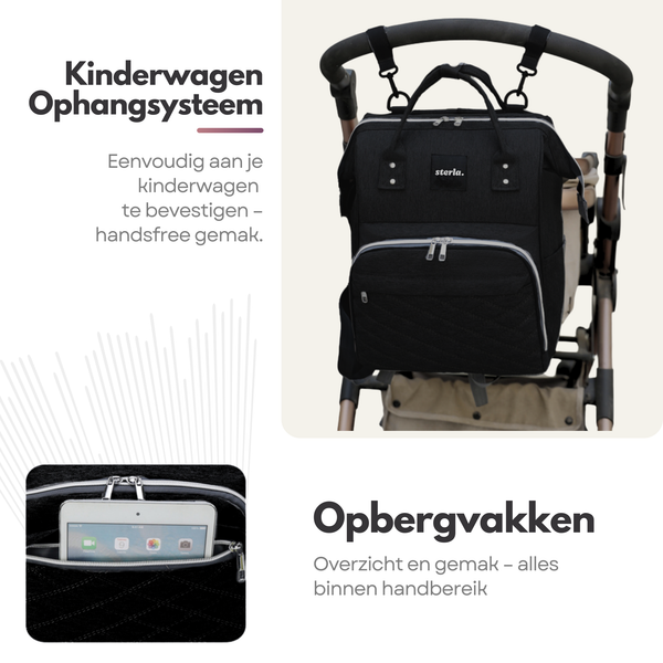 Sterla Luiertas Rugzak met USB-Aansluiting – Ruime Mama Tas met Geïsoleerde Vakken - Inclusief Kinderwagen Haken en Waterafstotend Materiaal – Zwart