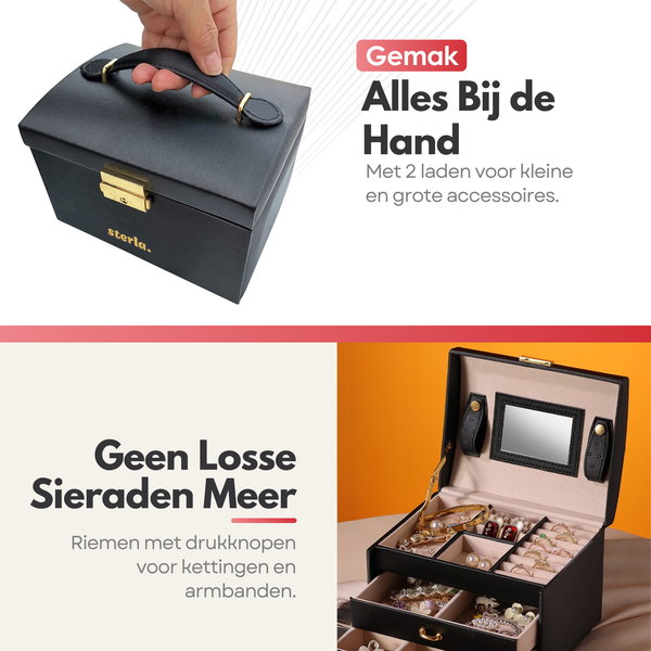 Luxe Sieradendoos met Slot – 14 Compartimenten - Opbergsysteem met Spiegel en Slot voor Jouw Sieraden - Zwart