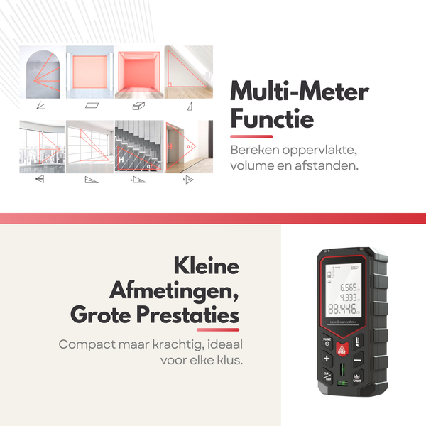 Oplaadbare Laser Afstandsmeter Digitaal – Nauwkeurige Lasermeter tot 50 Meter – 2 Waterpassen - Met Geheugen Metingen Opslaan - USB C