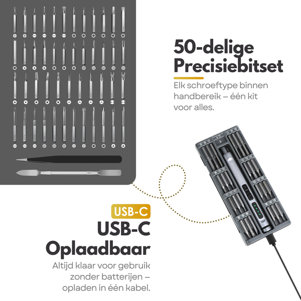 50in1 Elektrische Schroevendraaierset – USB-C – LED Licht – Magnetische Bitset – Precisie Gereedschap
