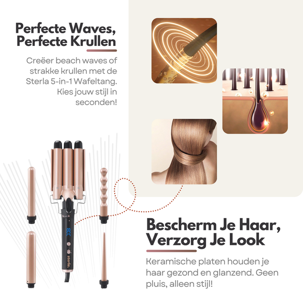 Premium 5-in-1 Krul & Wafeltang - Voor Prachtige Beach Waves, Grove Krullen en Gladde Stijl - Krultang Inclusief 5 Opzetstukken