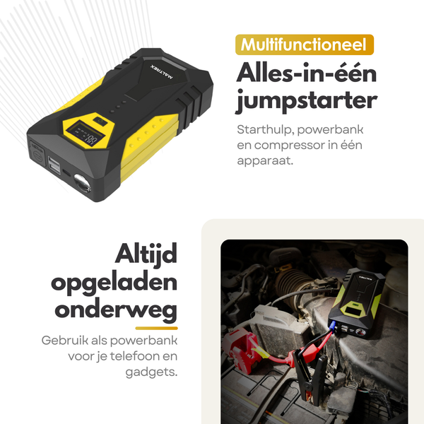 4in1 12V Jumpstarter- Auto Starthulp met Powerbank, LED Zaklamp en SOS Noodlicht - In Opbergkoffer