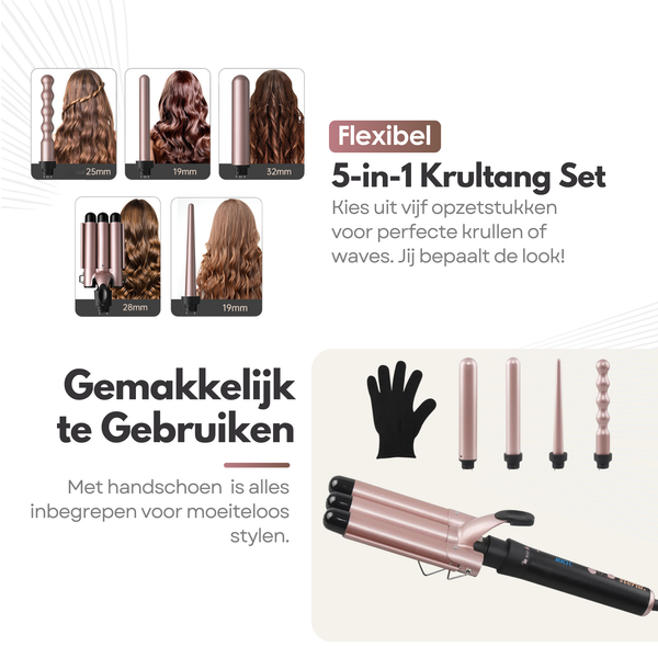 Premium 5-in-1 Krul & Wafeltang - Voor Prachtige Beach Waves, Grove Krullen en Gladde Stijl - Krultang Inclusief 5 Opzetstukken