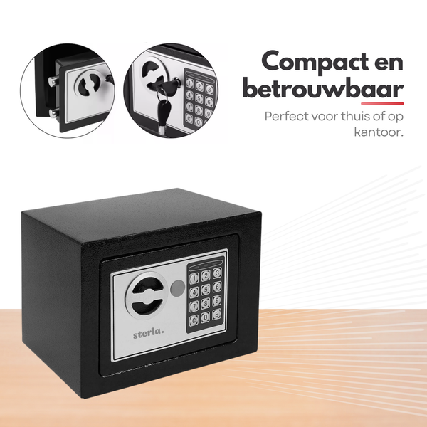 Coffre-fort électronique Sterla avec serrure à combinaison – Inclut 2 clés de secours et le matériel de montage – Sûr et fiable – Noir – 23 x 17 x 17 cm
