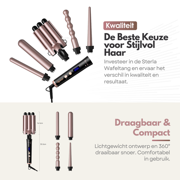 Premium 5-in-1 Krul & Wafeltang - Voor Prachtige Beach Waves, Grove Krullen en Gladde Stijl - Krultang Inclusief 5 Opzetstukken
