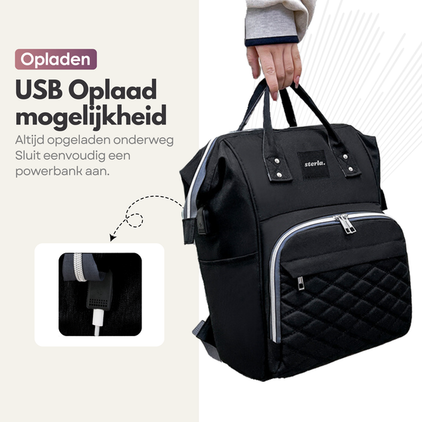 Sterla Luiertas Rugzak met USB-Aansluiting – Ruime Mama Tas met Geïsoleerde Vakken - Inclusief Kinderwagen Haken en Waterafstotend Materiaal – Zwart