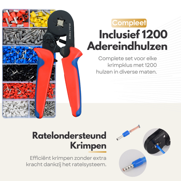 Maltrex Adereindhulstang incl. 1200 Adereindhulzen – Professionele Krimptang – Voor 0,25-10mm² Draden – Comfortabel en Veelzijdig